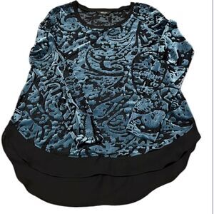 Simply Vera SzS blue velvet & sheer black burnout long sleeve flowy top EUC
